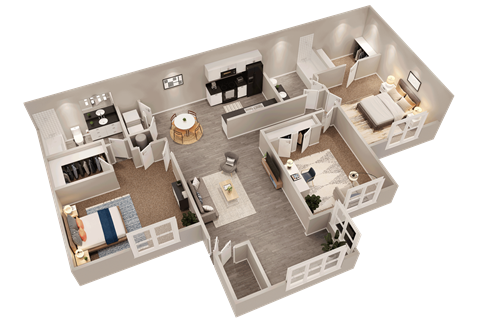 a 3d floor plan of a home with a bedroom and living room